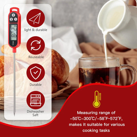 Digital thermometer and coffee with cream, showing features of Six Pack Meat Thermometers With Probes Instant Read Digital Kitchen