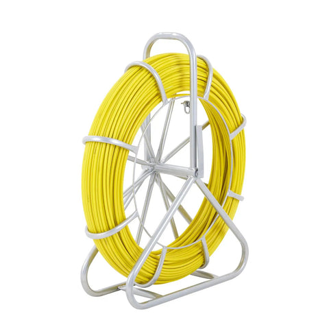 Fiberglass Fish Tape One Quarter Inch By 425 Feet Heavy Duty Duct Rodder Wire Puller Cable Running Rod With Steel Reel Stand Yellow 6mm By 130m in steel frame