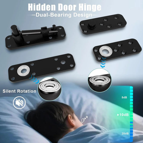360 degree quiet pin hinges for hidden door with silent rotation, dual-bearing design, and heavy-duty build for a peaceful sleep environment