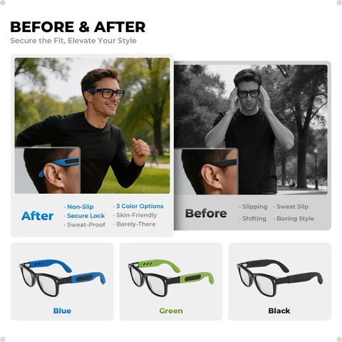 Before and after images with Silicone Eyeglass Ear Grips For Ray Ban Meta Smart Glasses Gen 1 And Gen 2 in blue and black.