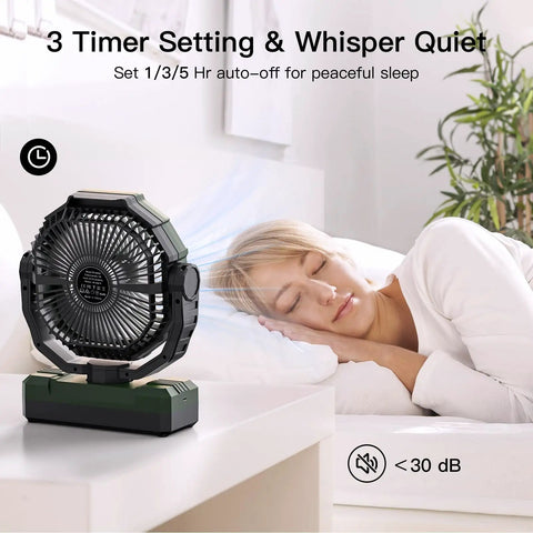 3 In 1 Camping Fan Portable Rechargeable 24000mAh Battery Powerhouse with light and remote beside a sleeping person