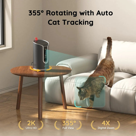 2K Pet Cam With Treat Dispenser And AI Photo Album with 360 Degree Auto Tracking, tracking a cat indoors