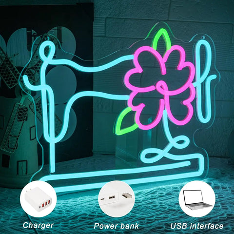 Floral Sewing Machine Neon Sign For Wall Decor LED Light Thats The Vibe With Colorful Floral Sewing Decor For Bedroom Girls Room Sewing Room Tailor Shop Craft Room Flower Shop Size 14.8 By 11.2 Inches with USB interface and power options