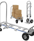 Convertible Aluminum Alloy Hand Truck With Wide Cargo Base Haulin' 2 Or 4 Wheel Modes Heavy Duty Utility Cart For Haulin' Boxes Appliances Gear And More In Home Shop Or Warehouse, silver aluminum frame with pneumatic wheels