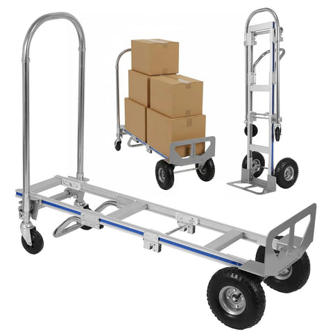 Convertible Aluminum Alloy Hand Truck With Wide Cargo Base Haulin' 2 Or 4 Wheel Modes Heavy Duty Utility Cart For Haulin' Boxes Appliances Gear And More In Home Shop Or Warehouse, silver aluminum frame with pneumatic wheels