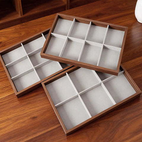 Dope Wooden Velvet Jewelry Organizer Tray With Nine Grid Compartments Stackable Ring Earring Necklace Valet Dish on wooden surface.