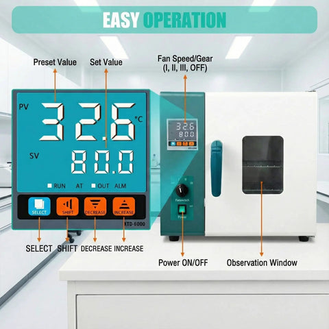 Control panel of Heavy Duty Workhorse 1000W Industrial Horizontal Drying Oven With Smooth Forced Air Convection and Accurate Digital PID Temperature Controller.