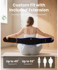 Woman holding Cordless Heating Pad Belt Massager for Lower Back Relief, wearable lumbar wrap with adjustable extension, custom fit sizes.