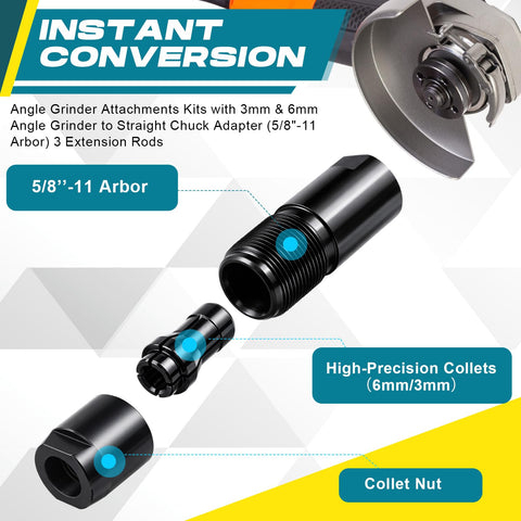 All In One 12 Piece Angle Grinder Extension Shaft Kit With 2 Straight Chuck Adapters, 3 Extension Rods, Flange Nut Sets