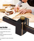 Heavy Duty Top Shelf 8 Inch Adjustable Marking Gauge Featuring Slick Triple Needle Scribe For Tight Layouts And Gotta Have Woodworking Carpentry Projects Now on a workbench with brass components.
