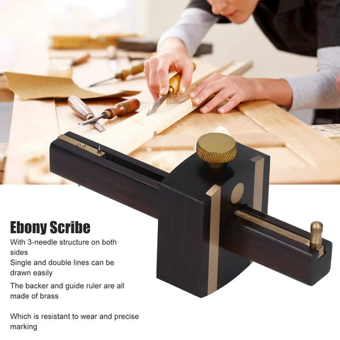 Heavy Duty Top Shelf 8 Inch Adjustable Marking Gauge Featuring Slick Triple Needle Scribe For Tight Layouts And Gotta Have Woodworking Carpentry Projects Now on a workbench with brass components.