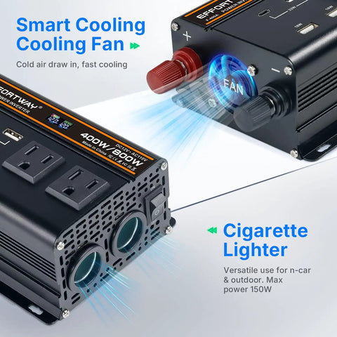 No Sweat 400 Watt 12V To 110V Power Inverter With 800W Peak Muscle, showing dual AC outlets and cigarette lighter adapter.