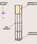 63.5 Inch Brown Wood Three Shelf Etagere Floor Lamp With USB Charging Port, shown with smart bulb and easy assembly highlights