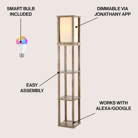63.5 Inch Brown Wood Three Shelf Etagere Floor Lamp With USB Charging Port, shown with smart bulb and easy assembly highlights