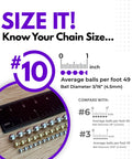 Sizing guide for 10 Foot Stainless Steel Ball Chain Bead Size 10 Made In USA, showing chain measurements with ruler comparison.