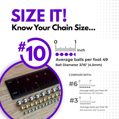 Sizing guide for 10 Foot Stainless Steel Ball Chain Bead Size 10 Made In USA, showing chain measurements with ruler comparison.