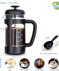 12 Oz French Press Coffee And Tea Maker With Borosilicate Glass Carafe And Soft Grip Handle, 4-Level Filtration, Spoon Included