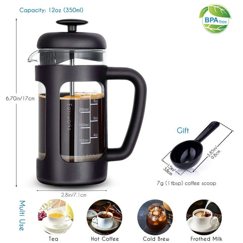 12 Oz French Press Coffee And Tea Maker With Borosilicate Glass Carafe And Soft Grip Handle, 4-Level Filtration, Spoon Included