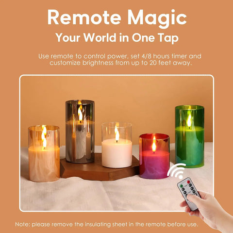 Smoke Grey Glass Flameless Pillar Candles With Remote Control And Flickering LED Battery Candles Set Of 3 shown with remote