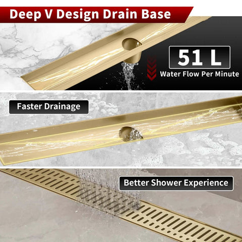 36 Inch Linear Shower Drain Gold Rectangular Floor Drain With V Shape Channel For Fast Drainage 304 Stainless Steel cUPC Certified