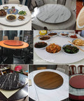 Solid 39 Inch Round Wooden Lazy Susan Rotating Serving Tray with food dishes on various dining tables and styles.