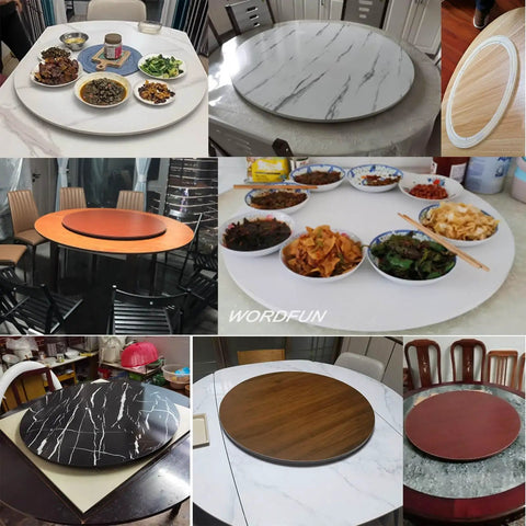 Kick Up Your Hosting Game With This 39 Inch Round Wooden Lazy Susan Rotating Serving Tray on various dining tables with dishes.