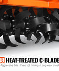 Close-up of 48 heat-treated C-blades on Heavy Duty 80 Inch Rotary Tiller For 40 To 80 HP Tractors With 3 Point Cat II Hitch Gear Driven