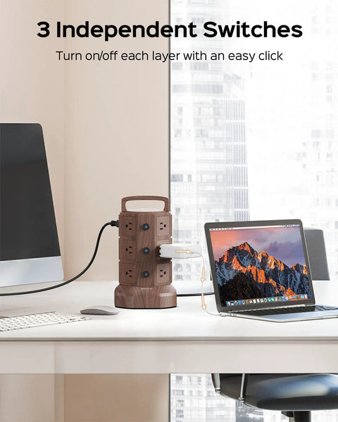 Power Strip Tower With 12 AC Outlets And 6 USB Ports on a desk in office setting, showcasing energy saving independent switches