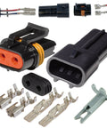2 Pin Waterproof Auto Connector Kit For 10 To 12 AWG Wiring With Seals and Heavy Duty Copper Terminals, showing various components