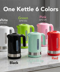 Six colors of Rapid Fire 1500W Electric Kettle With 1.8 Liter Capacity BPA Free Build on countertop: Black, White, Green, Light Blue, Pink, Red.