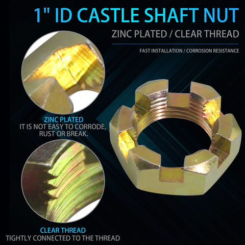 Two Pack Trailer Nut Kit For One Inch Spindle Shaft With Can Am Castle Nuts Washers And Cotter Pins, zinc plated castle nut.