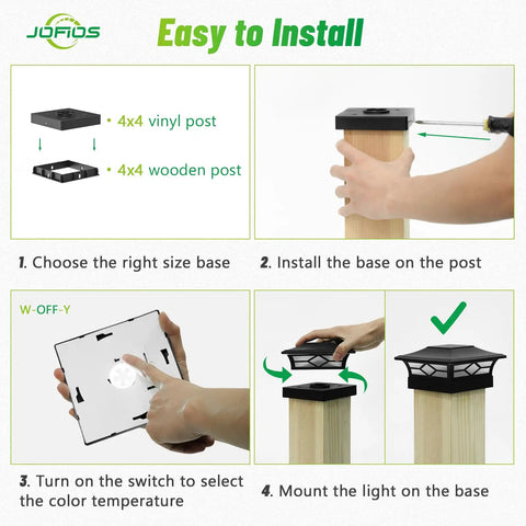 Installation guide for Slick Heavy Duty Solar Post Cap Lights Outdoor 12 Pack, fitting 4x4 wood and vinyl posts.
