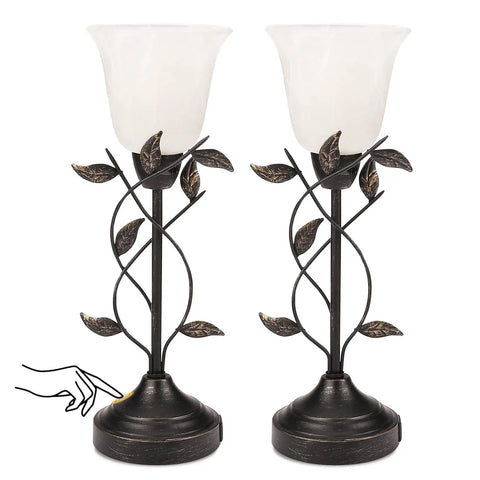 Set Of 2 Vintage Leaf Torchiere Table Lamps With Glass Shade, 3 Way Dimmable Touch Lamps, Dual USB Ports, Modern Bedroom Nightstand And Living Room Lighting, White Jade Glass Shade