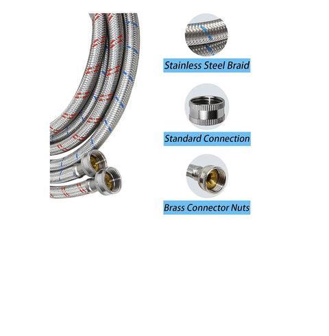 Two Pack Ten Foot Washing Machine Hoses With Braided Steel Connectors Durable Blue And Red Water Supply Lines Universal Fit Leak Resistant Easy Quick Connect Great For Laundry Rooms And Home Appliances, shown with braided steel, standard connection, and brass connector nuts.