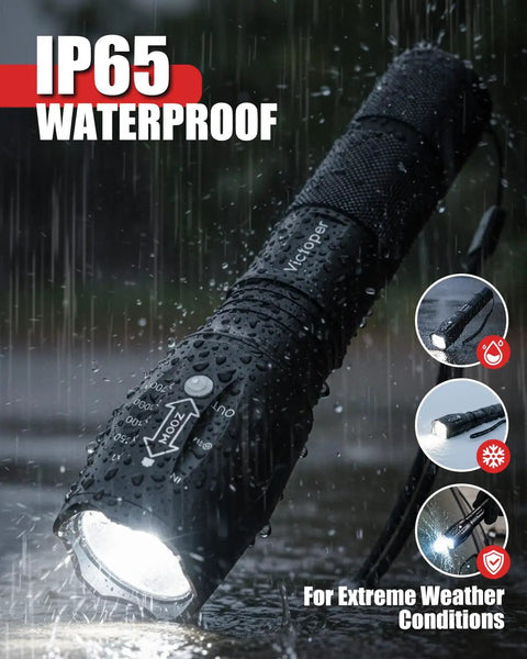 Two Pack LED Flashlight Set With Zoomable Beam Five Modes Waterproof Tactical Torch for outdoor use, rainproof design on display