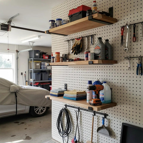 Garage wall with Heavy Duty 12 Inch Shelf Brackets Set Of 4 for DIY Floating Shelves, black powder coated supporting storage shelves.
