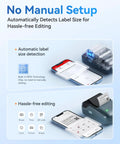 Super Slick 2 Inch Bluetooth Label Printer For Home Organization With Dead Simple Smartphone App Setup And Fast PC Sync Feature Wrapped In Vibrant Blue Shell displaying automatic label size detection on smartphone.