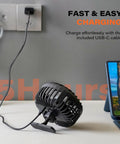 Rechargeable Golf Cart Fan With Magnetic Base And 360 Degree Rotating Head charging via USB-C cable next to tablet