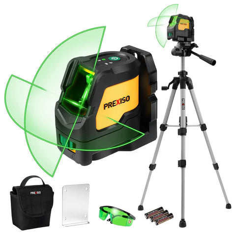 Pro Grade Green Beam Laser Level with tripod, IP54 tough build, showing green cross line for construction and tile work.