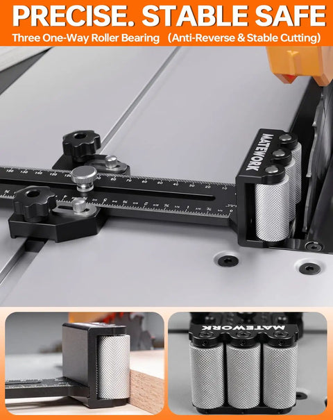 Pro Shop Grade Thin Rip Jig For Table Saw Featuring three heavy duty rollers and a universal miter slot adapter for precise cuts.