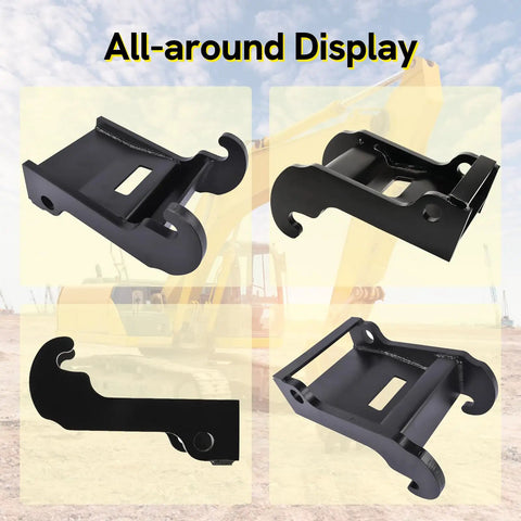 Four views of X Change Coupler Bracket For Bobcat Mini Excavator Attachments Quick Attach Bucket Mount in black hardened steel.