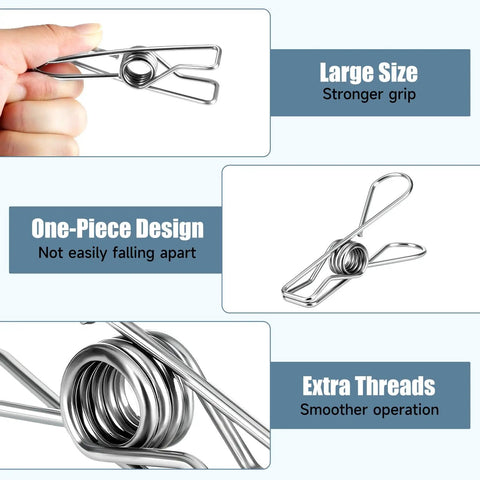 Large metal laundry clip with a strong grip, highlighting its one-piece design, Built Like A Tank Heavy Duty Stainless Steel Clothes Pins 20 Pack.