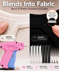 Handheld Stitch Gun For Clothes Featuring No Sew Hemming And Tagging With Six Strong Needles And Two Thousand Micro Fasteners, pink tool with black and white fasteners for fabric repairs.