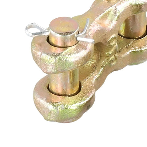 8 Pack 3/8 Inch Double Clevis Links Galvanized G70 Grade Alloy Steel Twin H Type Chain Connectors showing detailed hinge and pin.