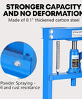 12 Ton Hydraulic Shop Press With Adjustable Table Heavy Duty Steel H Frame For Auto Repair showcasing thickened carbon steel and rust resistance features.