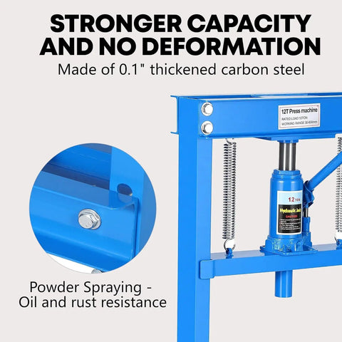 12 Ton Hydraulic Shop Press With Adjustable Table Heavy Duty Steel H Frame For Auto Repair showcasing thickened carbon steel and rust resistance features.