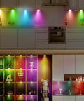 Lit Color Changing Under Cabinet Lights Kit With Remote And App Control Dimmable Puck Lights Music Sync Multicolor 24V in kitchen and shelves