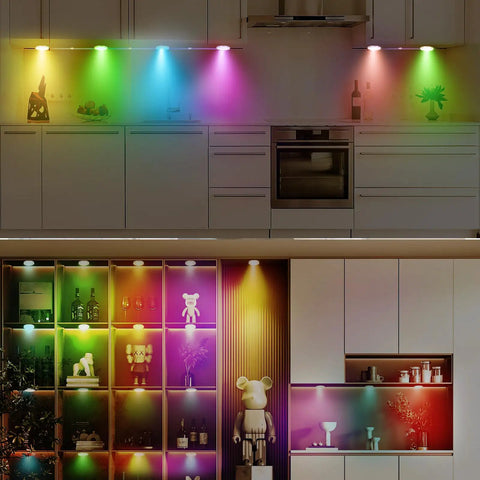 Lit Color Changing Under Cabinet Lights Kit With Remote And App Control Dimmable Puck Lights Music Sync Multicolor 24V in kitchen and shelves