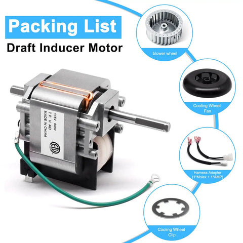 Draft Inducer Motor Kit For Furnace Replacement 318984-753 includes motor, blower wheel, cooling wheels, adapters, wiring harness.