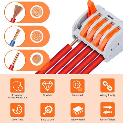 All in One Lever Wire Connector Kit With 188 Pcs 2 3 4 5 Port Push In Terminals for wire types and feature icons